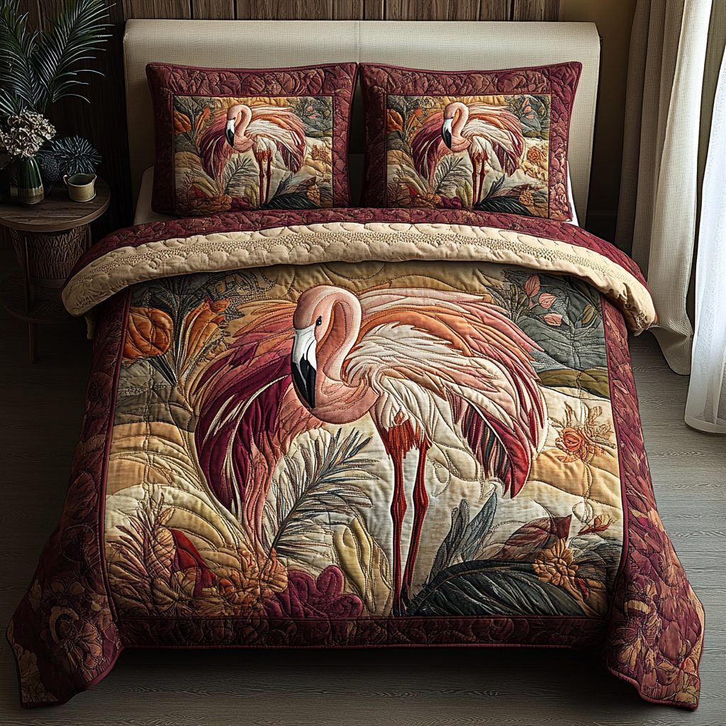 Flamingo Wonder quilted 3-piece bedding set on a made bed with two matching pillow shams