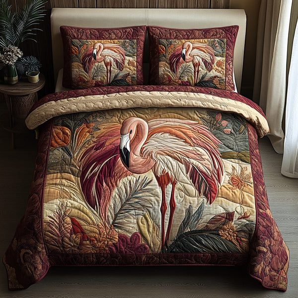 Flamingo Wonder quilted 3-piece bedding set on a made bed with two matching pillow shams