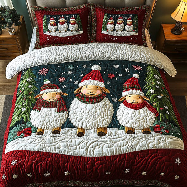 Fleece the Season quilted 3-piece bedding set on a made bed with two matching pillow shams