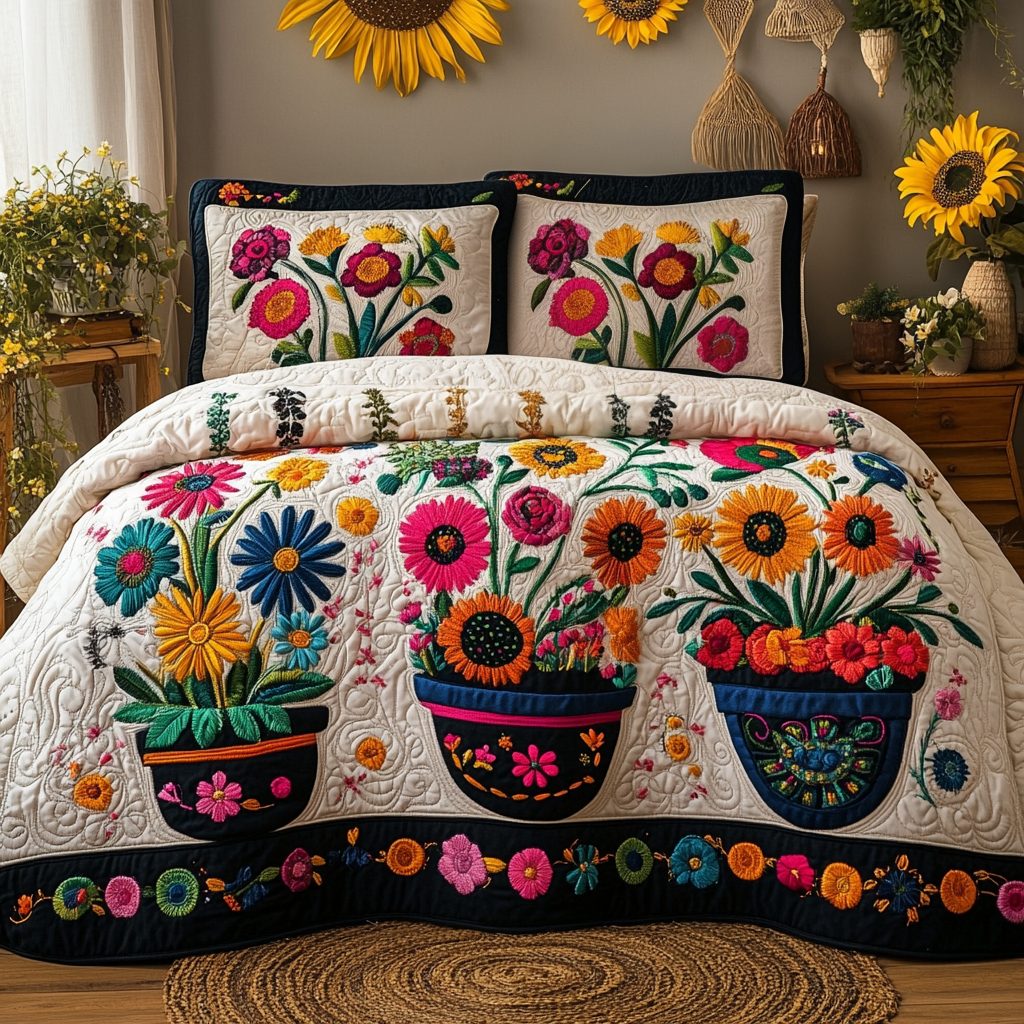 Fleur Serenity quilted 3-piece bedding set on a made bed with two matching pillow shams
