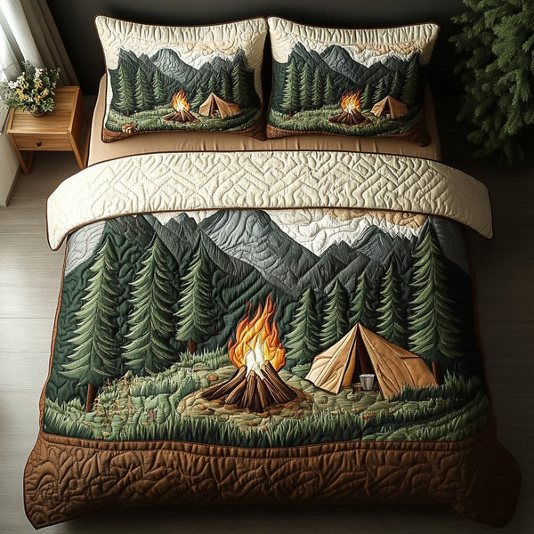Flickering Flame quilted 3-piece bedding set on a made bed with two matching pillow shams