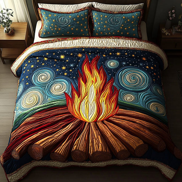 Flickering Flames quilted 3-piece bedding set on a made bed with two matching pillow shams