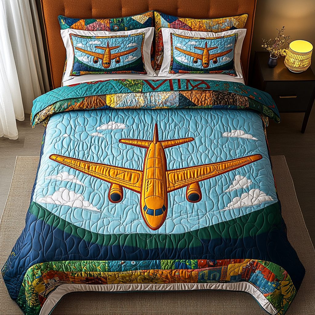 Flight Airplane quilted 3-piece bedding set on a made bed with two matching pillow shams