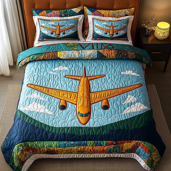 Flight Airplane quilted 3-piece bedding set on a made bed with two matching pillow shams