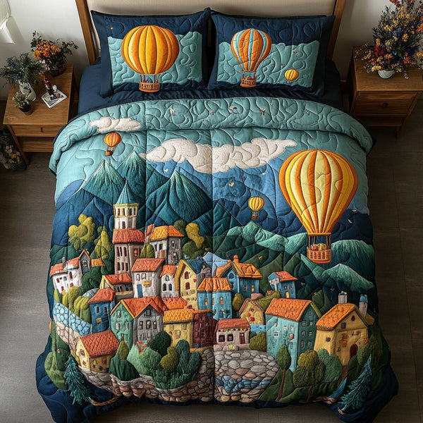 Flight Fantasy quilted 3-piece bedding set on a made bed with two matching pillow shams