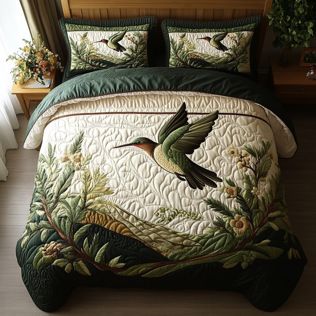 Flight of Joy quilted 3-piece bedding set on a made bed with two matching pillow shams