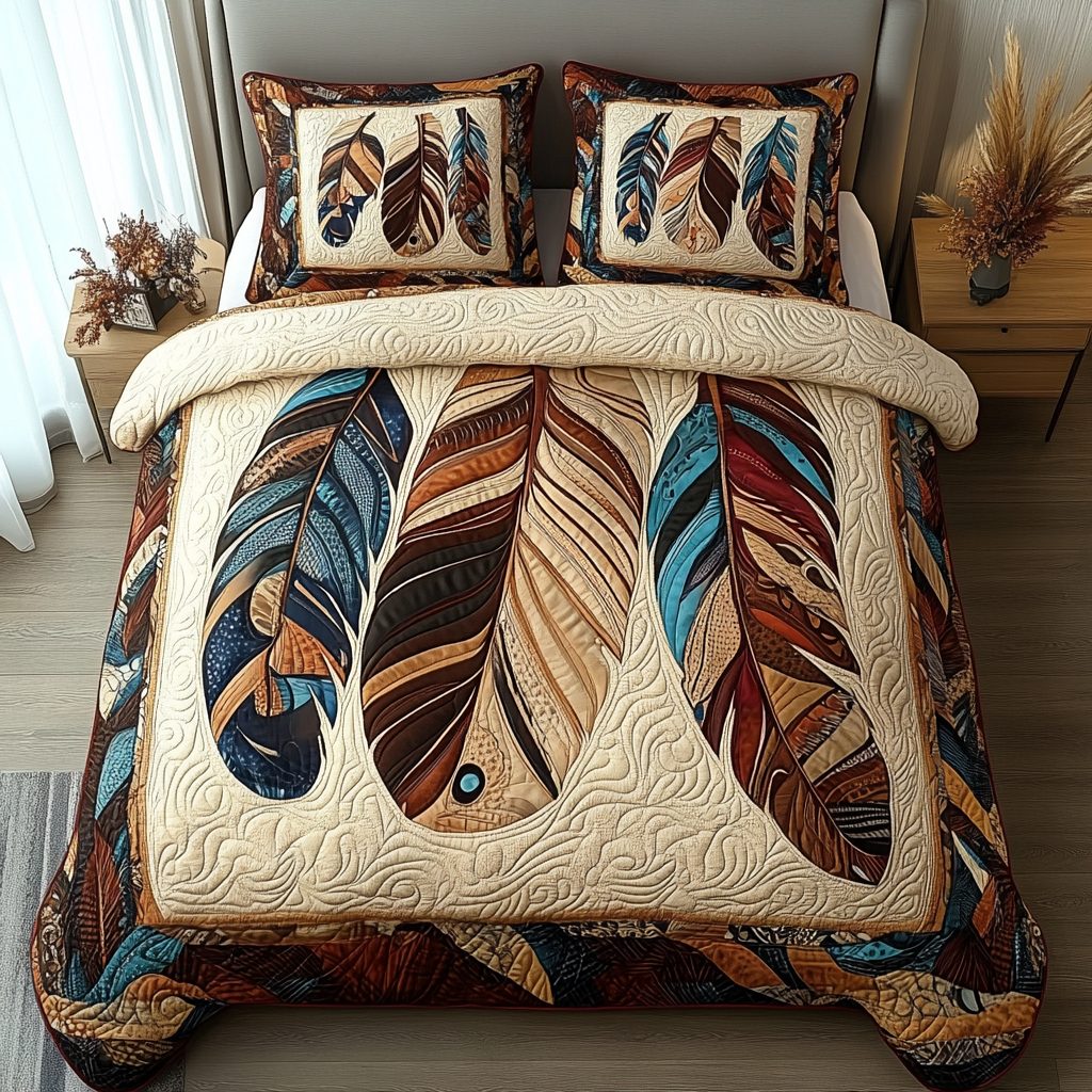 Flight of Serenity quilted 3-piece bedding set on a made bed with two matching pillow shams