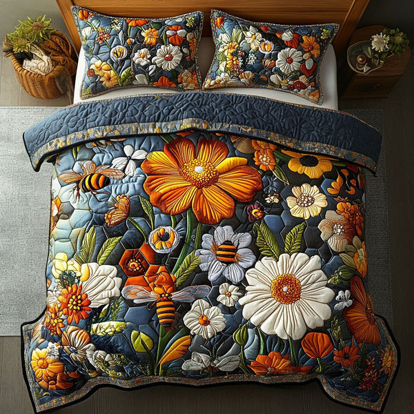 Flight of the Bumblebee quilted 3-piece bedding set on a made bed with two matching pillow shams