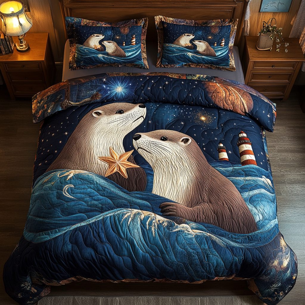 Floating Bliss quilted 3-piece bedding set on a made bed with two matching pillow shams
