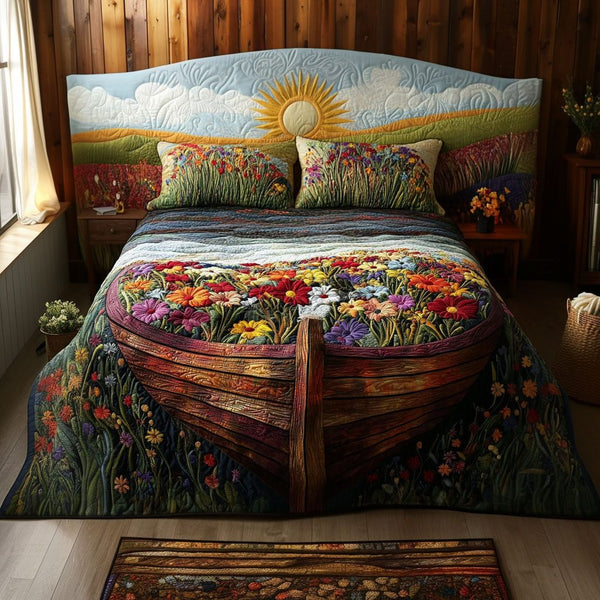 Floating Garden quilted 3-piece bedding set on a made bed with two matching pillow shams