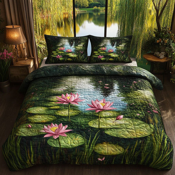 Floating Grace quilted 3-piece bedding set on a made bed with two matching pillow shams