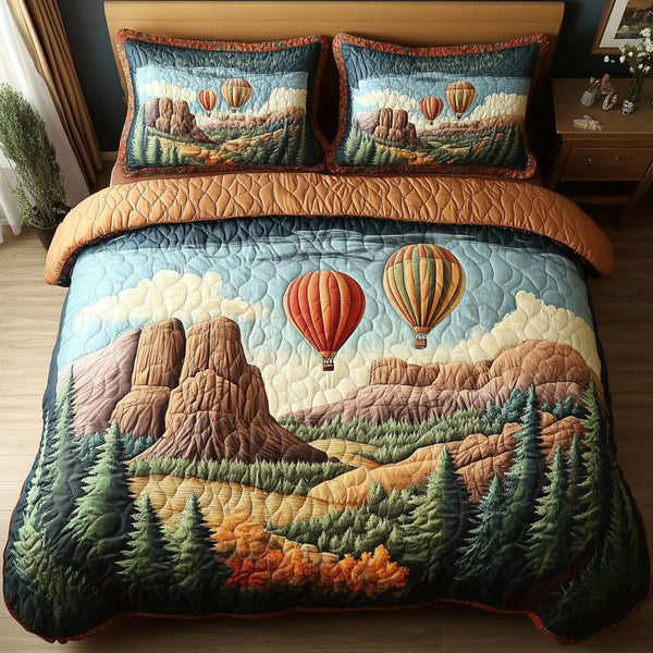 Floating High quilted 3-piece bedding set on a made bed with two matching pillow shams