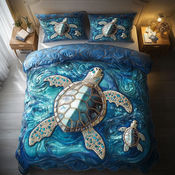 Floating Shell Magic quilted 3-piece bedding set on a made bed in a light coastal bedroom