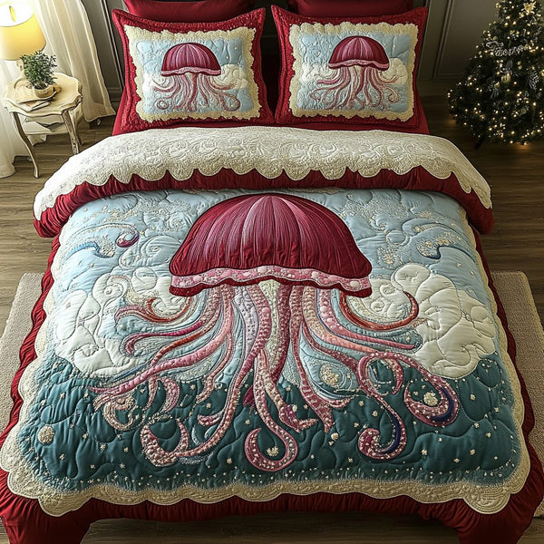 Floating Wonders quilted 3-piece bedding set on a made bed with two matching pillow shams