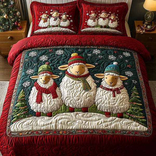 Flock of Joy quilted 3-piece bedding set on a made bed with two matching pillow shams