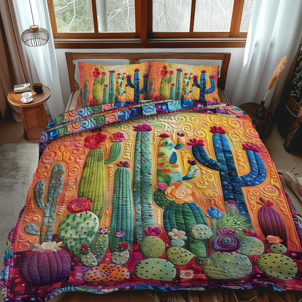 Flora Cactus quilted 3-piece bedding set on a made bed with two matching pillow shams