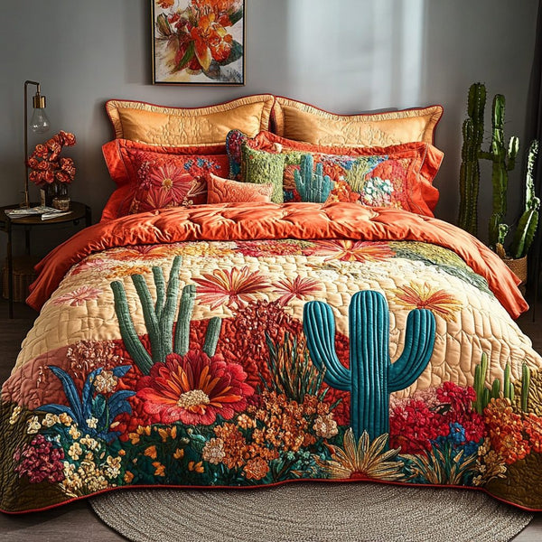 Flora Dream quilted 3-piece bedding set on a made bed with two matching pillow shams