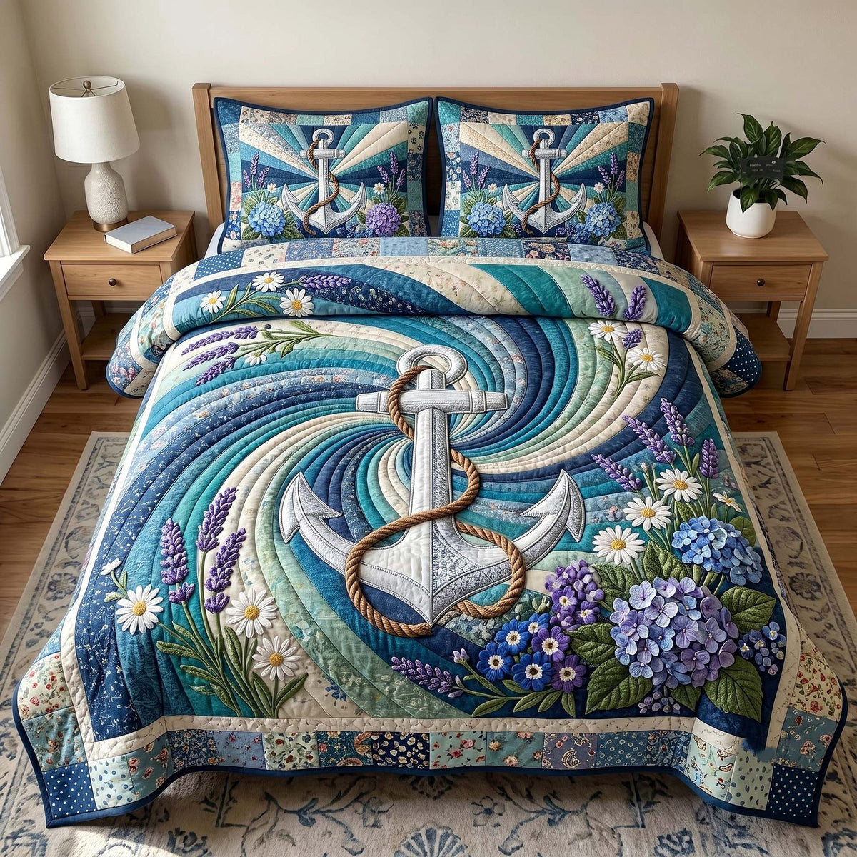 Floral Anchor quilted 3-piece bedding set on a made bed in a light coastal bedroom