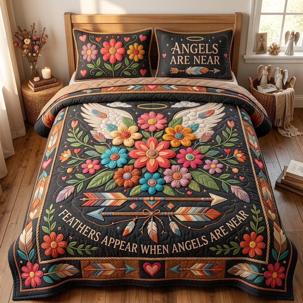 Floral Angel Feathers quilted 3-piece bedding set on a made bed in a softly lit bedroom