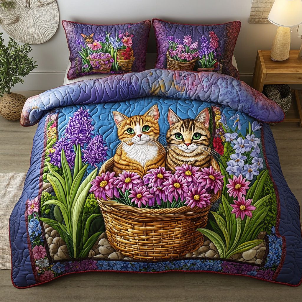 Floral Basket Kittens quilted 3-piece bedding set on a made bed with two matching pillow shams