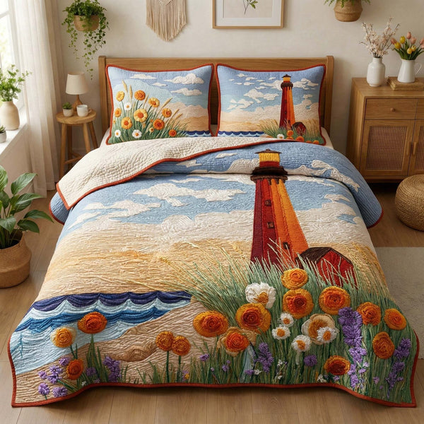 Floral Beacon quilted 3-piece bedding set on a made bed with two matching pillow shams