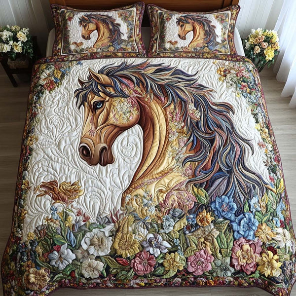 Floral Beauty quilted 3-piece bedding set on a made bed with two matching pillow shams
