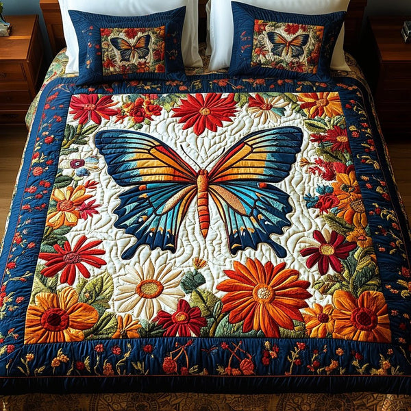 Floral Beauty quilted 3-piece bedding set on a made bed with two matching pillow shams