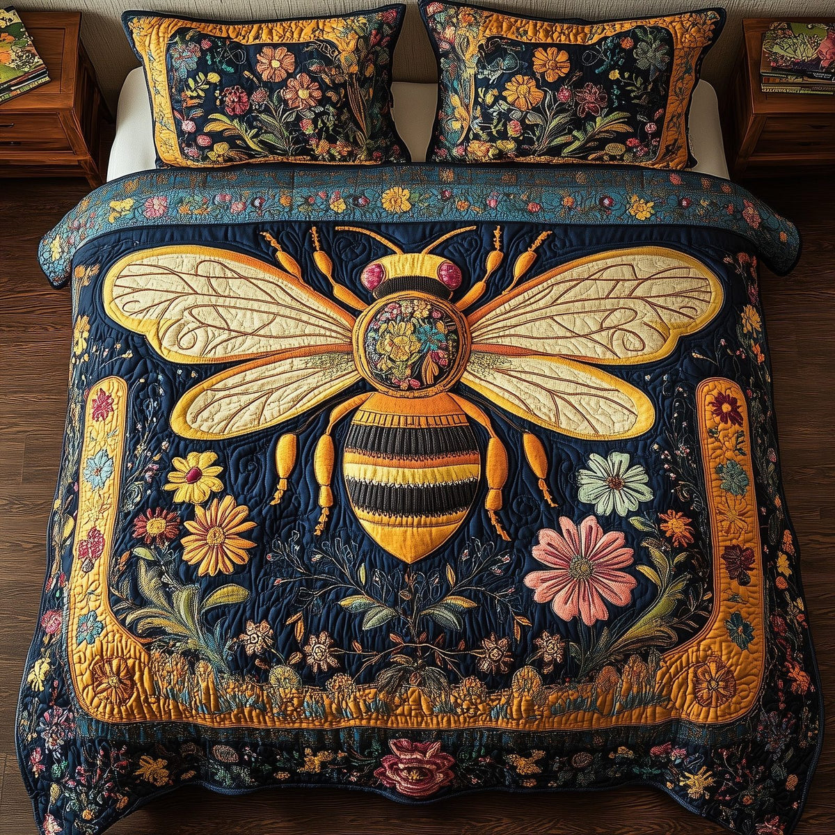 Floral Bee quilted 3-piece bedding set on a made bed with two matching pillow shams