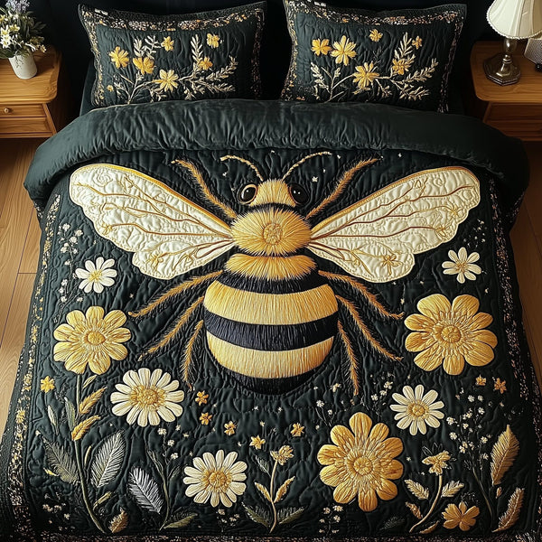 Floral Bee quilted 3-piece bedding set on a made bed with two matching pillow shams