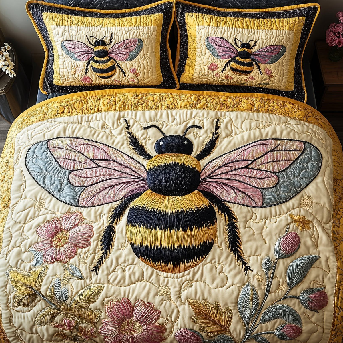 Floral Bee quilted 3-piece bedding set on a made bed with two matching pillow shams