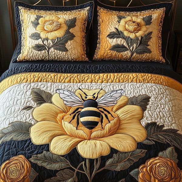 Floral Bee quilted 3-piece bedding set on a made bed with two matching pillow shams