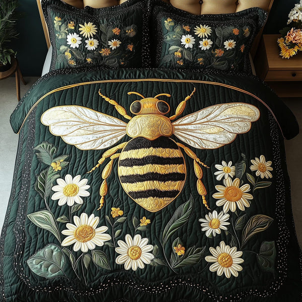 Floral Bee quilted 3-piece bedding set on a made bed with two matching pillow shams