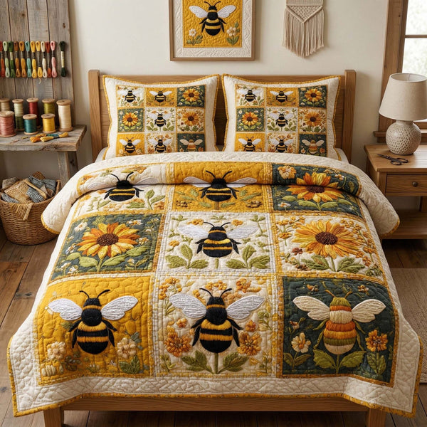 Floral Bee quilted 3-piece bedding set on a made bed with two matching pillow shams