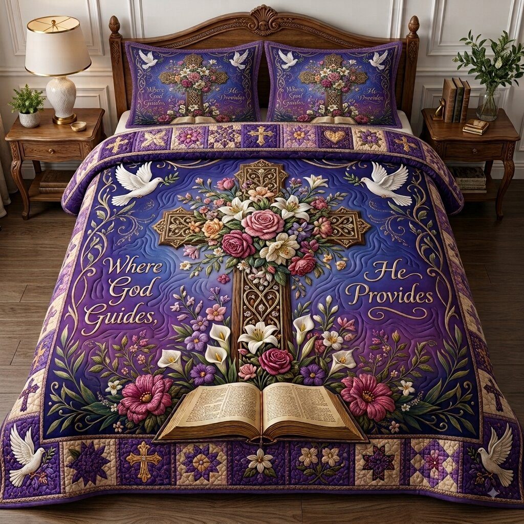 Floral Bible Garden quilted 3-piece bedding set on a made bed in a softly lit bedroom