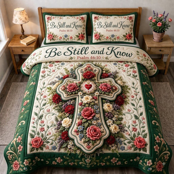 Floral Bible Grace quilted 3-piece bedding set on a made bed in a softly lit bedroom