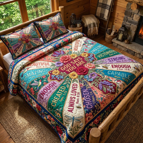 Floral Bible quilted 3-piece bedding set on a made bed in a softly lit bedroom