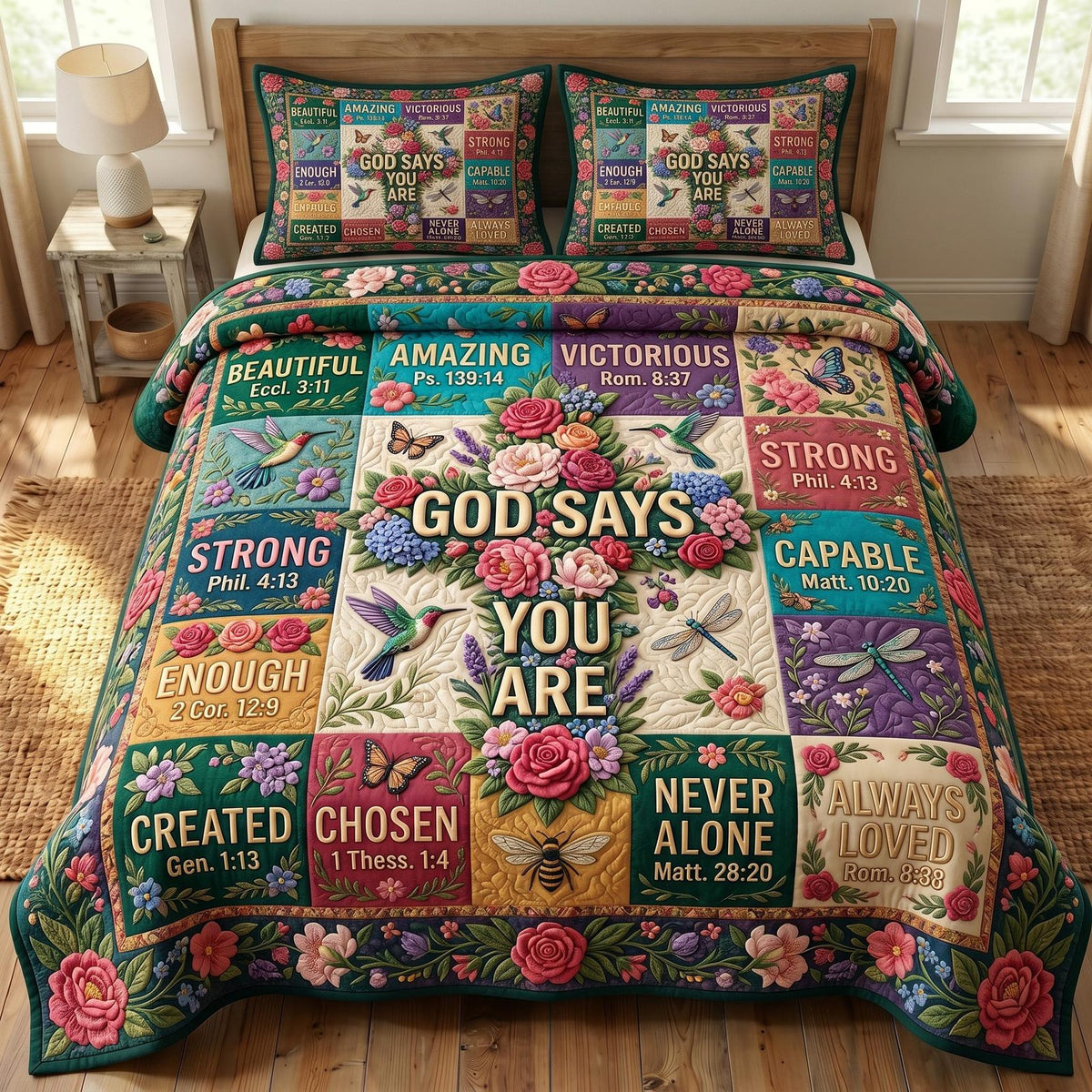 Floral Bible quilted 3-piece bedding set on a made bed in a softly lit bedroom
