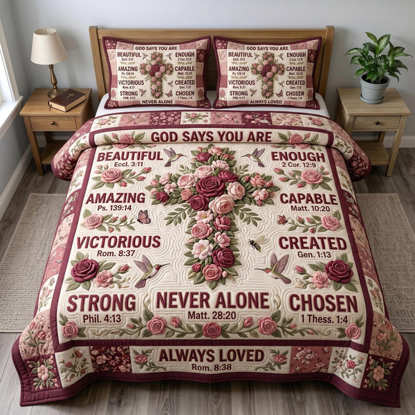 Floral Bible quilted 3-piece bedding set on a made bed in a softly lit bedroom