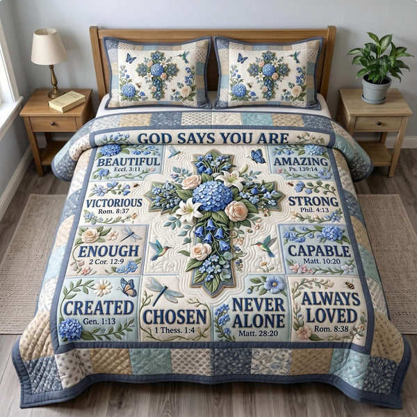 Floral Bible quilted 3-piece bedding set on a made bed in a softly lit bedroom
