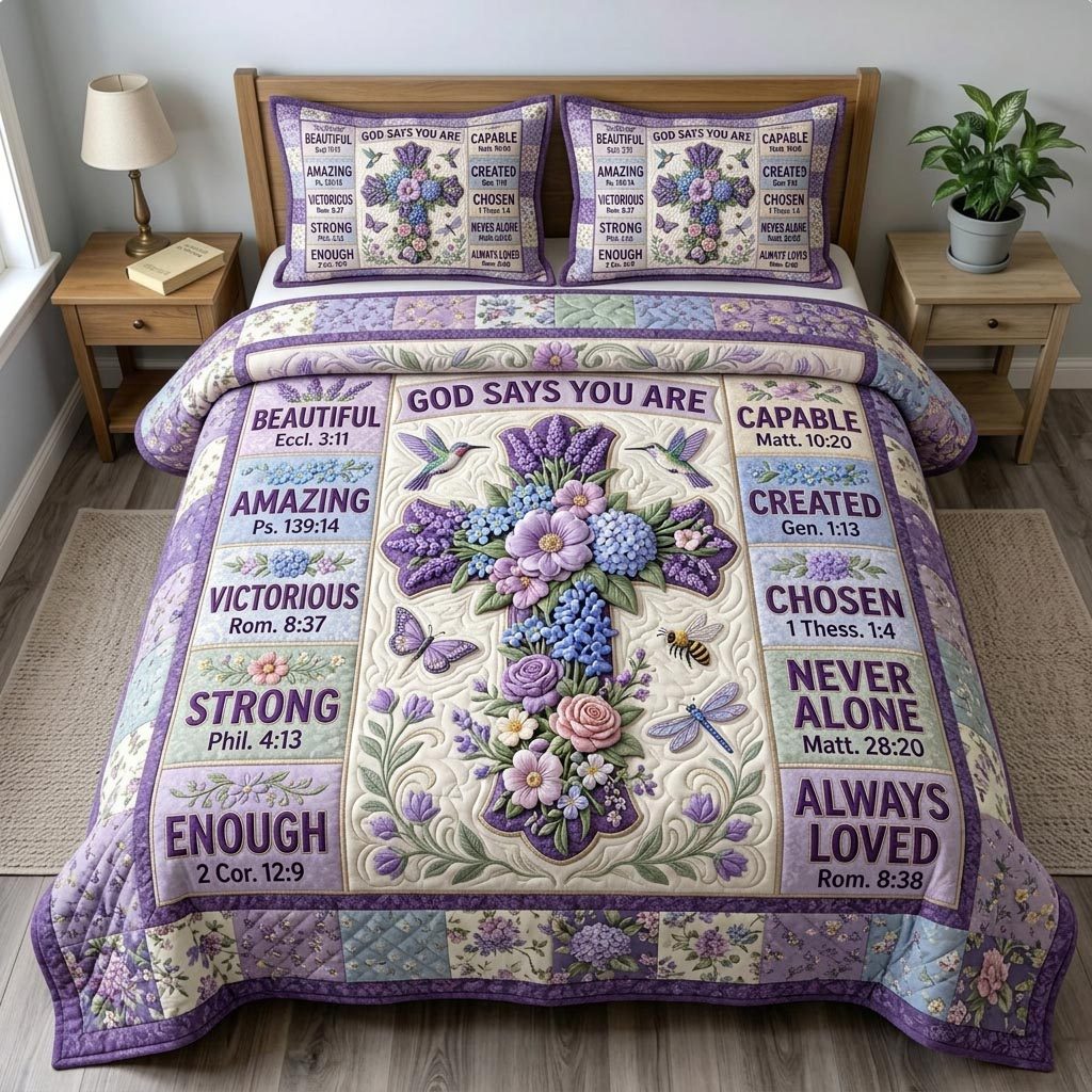 Floral Bible quilted 3-piece bedding set on a made bed in a softly lit bedroom