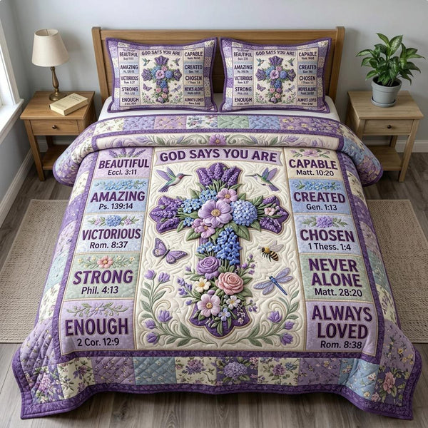 Floral Bible quilted 3-piece bedding set on a made bed in a softly lit bedroom