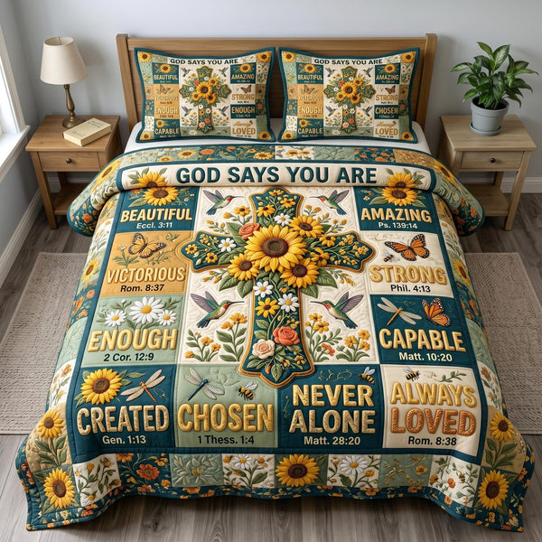Floral Bible quilted 3-piece bedding set on a made bed in a softly lit bedroom