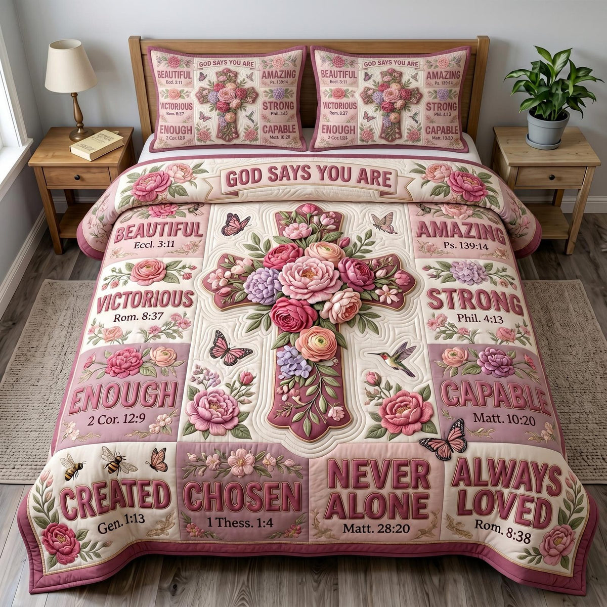 Floral Bible quilted 3-piece bedding set on a made bed in a softly lit bedroom