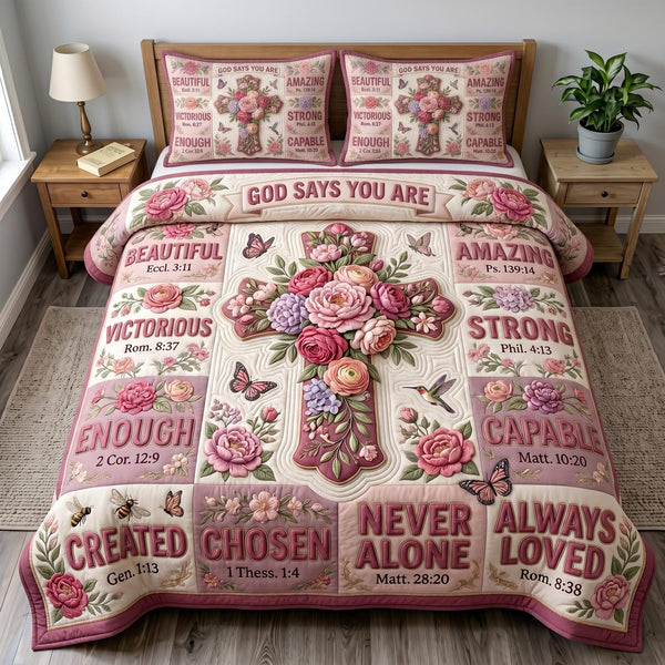 Floral Bible quilted 3-piece bedding set on a made bed in a softly lit bedroom