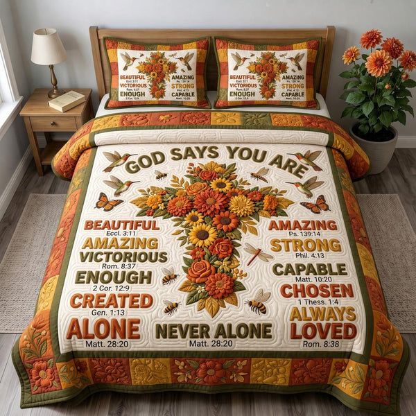 Floral Bible quilted 3-piece bedding set on a made bed in a softly lit bedroom