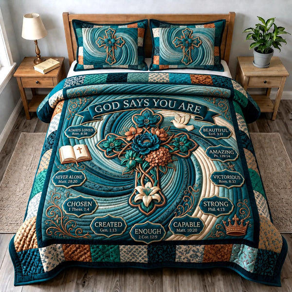 Floral Bible quilted 3-piece bedding set on a made bed in a softly lit bedroom