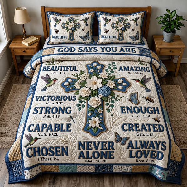 Floral Bible quilted 3-piece bedding set on a made bed in a softly lit bedroom