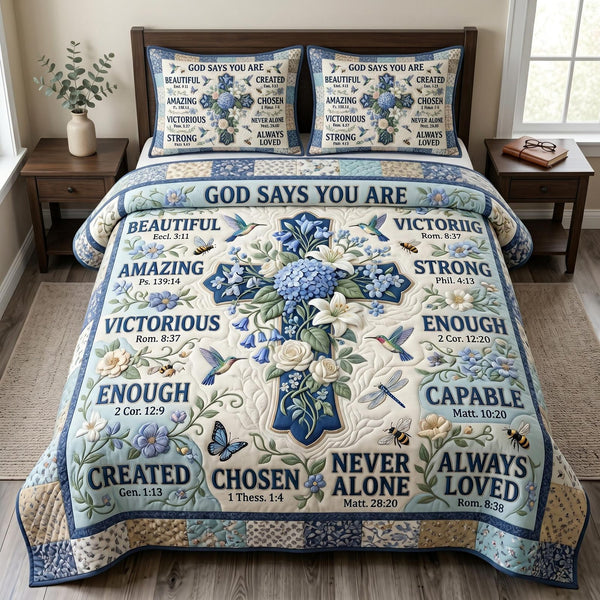 Floral Bible quilted 3-piece bedding set on a made bed in a softly lit bedroom
