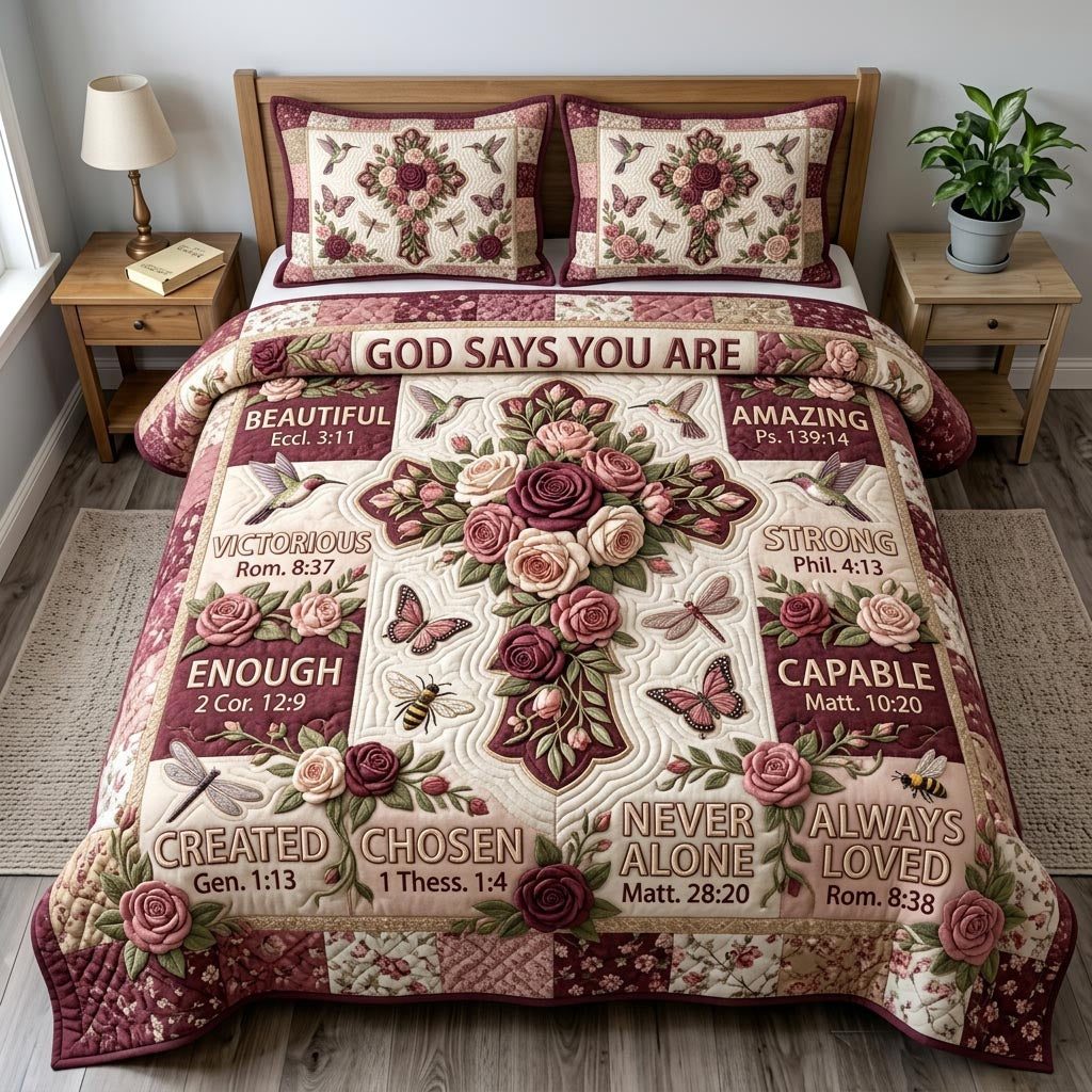 Floral Bible quilted 3-piece bedding set on a made bed in a softly lit bedroom