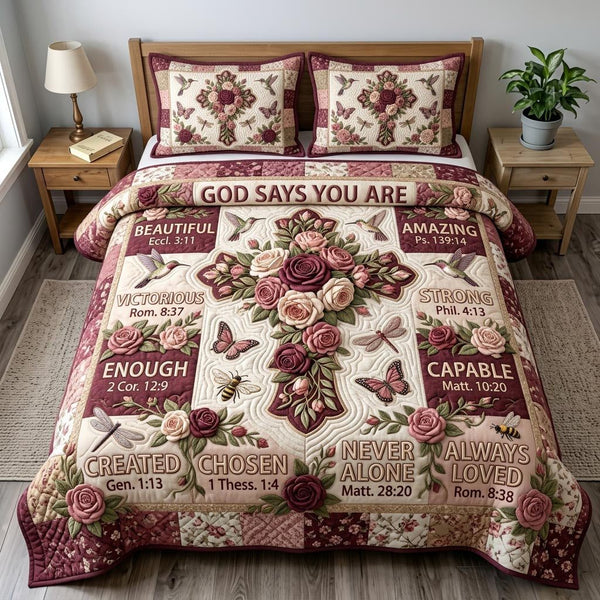 Floral Bible quilted 3-piece bedding set on a made bed in a softly lit bedroom